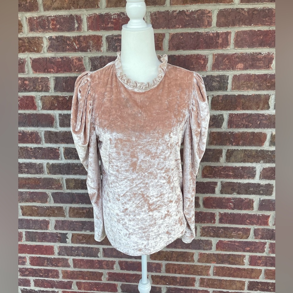 Ladies Blush Color Shein Crushed Velvet Puff Sleeve Ruffle Top Size Medium 6